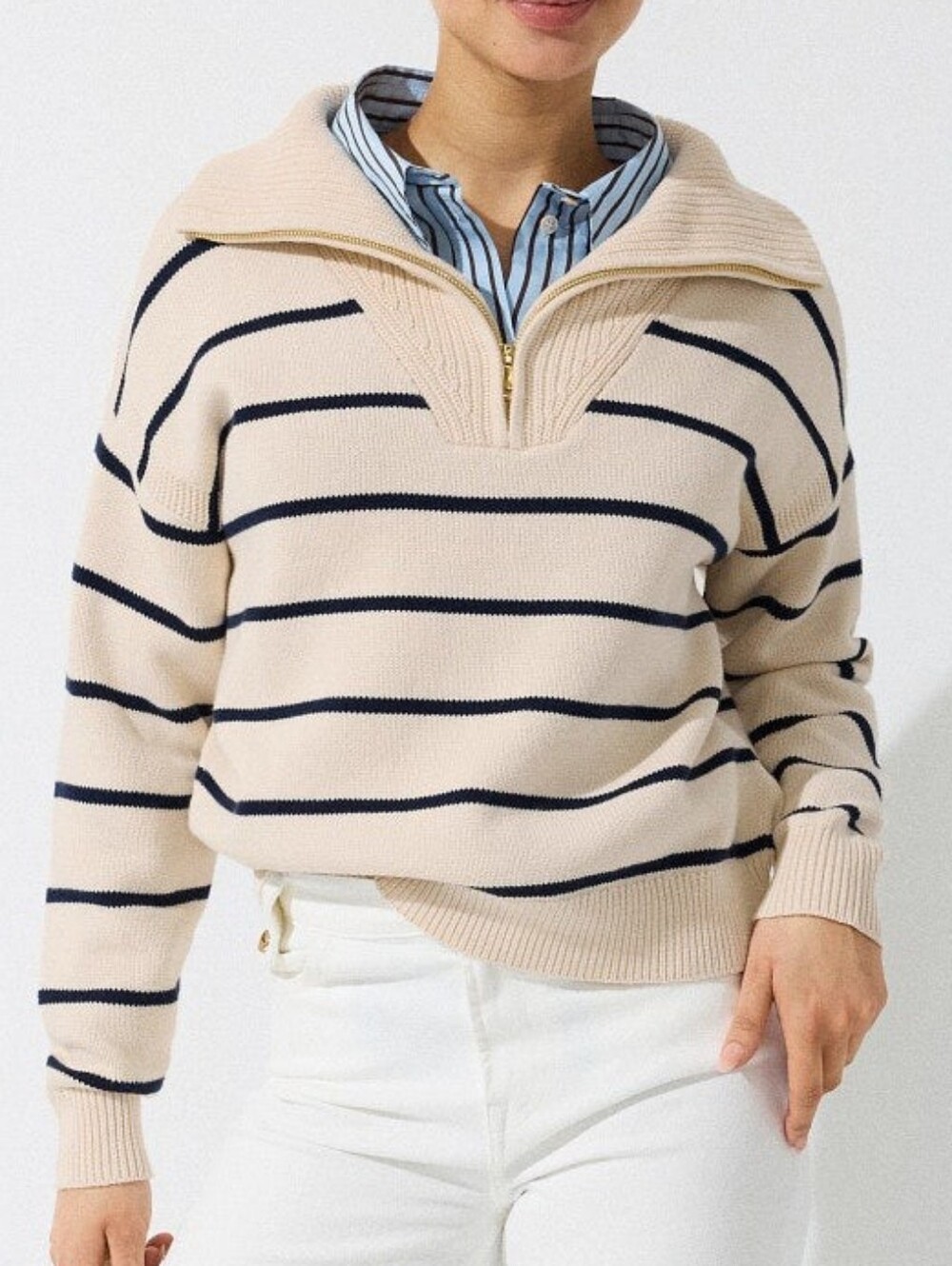 Lauren Ralph Lauren Striped Quarter Zip Cotton Collared Long Sleeves Size S
